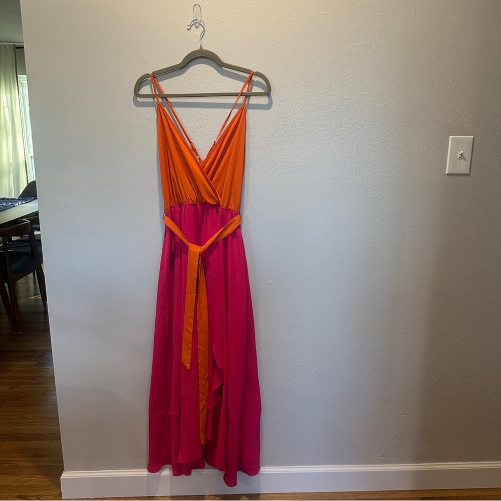 Pink and Orange Spaghetti-Strap Wrap Maxi Dress